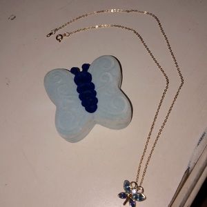 Blue, gold, white butterfly necklace and case